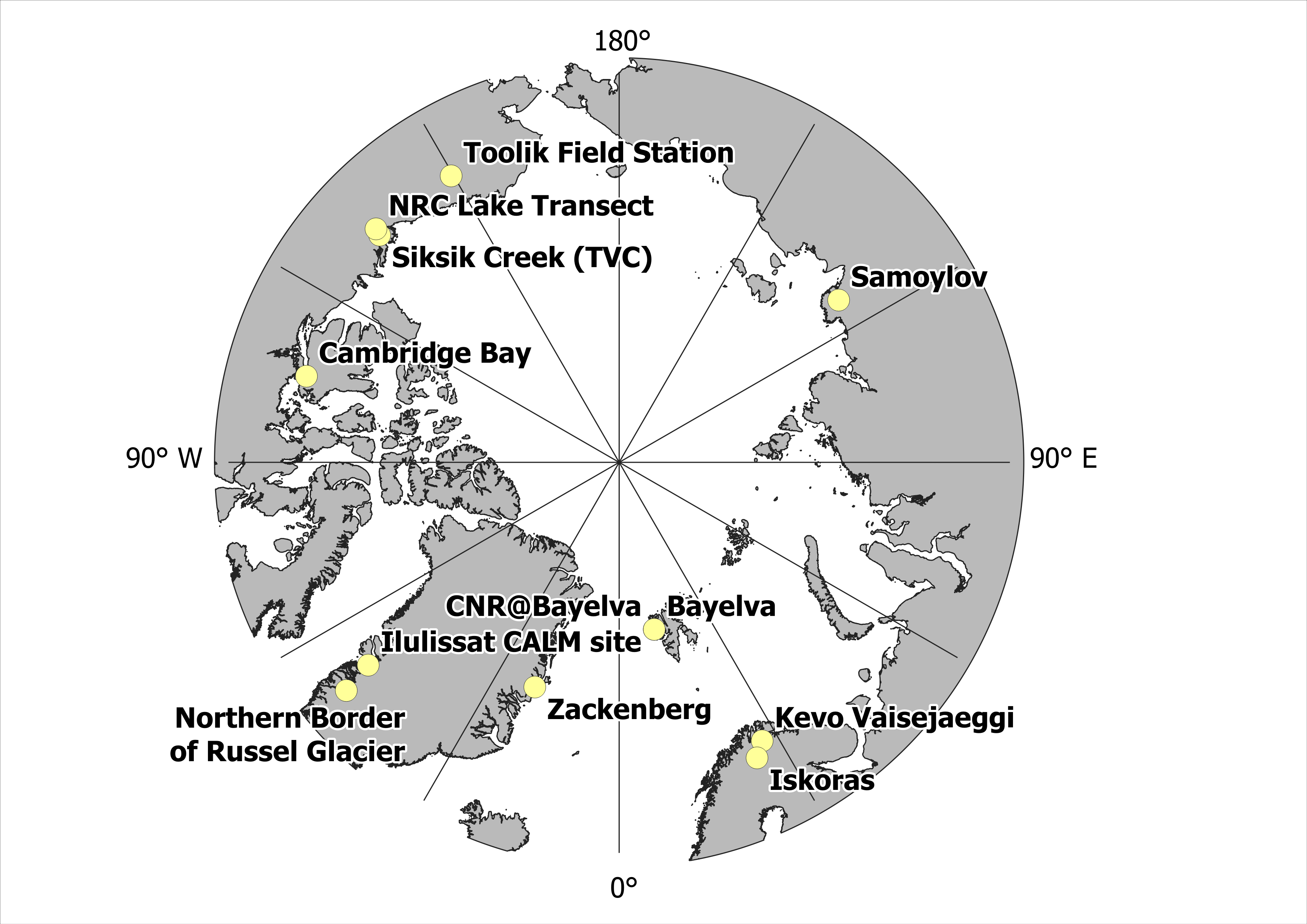 Map of the Arctic north of 65°. The locations of the T-MOSAiC transects are shown as yellow dots.